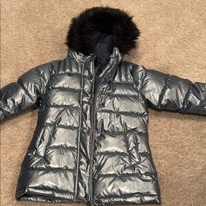 Girls Shiny Blue/Gray Puffer Jacket with Black Faux Fur Hood